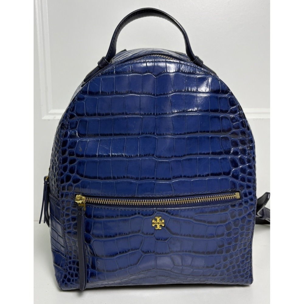 Tory Burch Navy Blue Croc Embossed Leather Backpack City Shoulder Bag Old Money